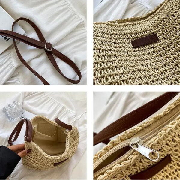 Bolso bandolera de paja de verano para mujer, bolso de hombro tejido para compras en la playa o vacaciones, tipo mensajero. - Image 6