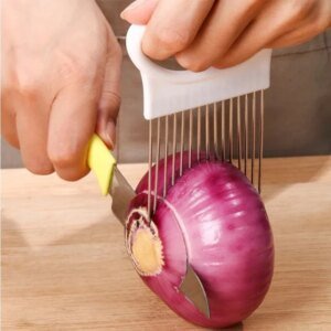 Soporte para cortador de cebolla de acero inoxidable, cortador de alimentos, soporte para cortador de tomate, cebolla, tenedor para cortar verduras, utensilios de cocina