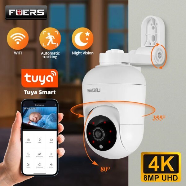Cámara IP WiFi FUERS 4K de 8 MP con soporte ajustable, cámara de vigilancia inalámbrica Tuya Smart Home Security, minicámara para monitor de bebé