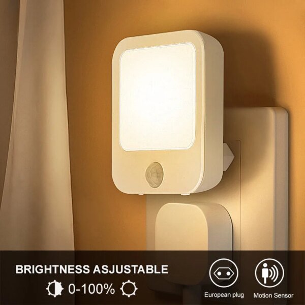 Luz nocturna con sensor de movimiento y luz LED, enchufe europeo, luz nocturna inalámbrica para niños, mesita de noche y dormitorio.
