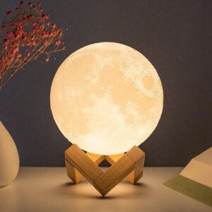 Lámpara de noche LED de 8 cm con forma de luna, funciona con pilas y soporte, lámpara estrellada, decoración de dormitorio, luces de noche, regalo para niños, pila de botón