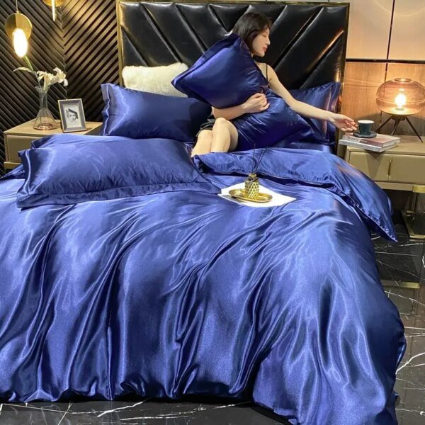 Juego de cama de seda y rayón liso con funda nórdica, sábanas y fundas de almohada de lujo, tamaño king, individual, doble, para parejas, funda de almohada de satén, sábanas. - Image 5