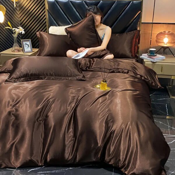 Juego de cama de seda y rayón liso con funda nórdica, sábanas y fundas de almohada de lujo, tamaño king, individual, doble, para parejas, funda de almohada de satén, sábanas. - Image 4