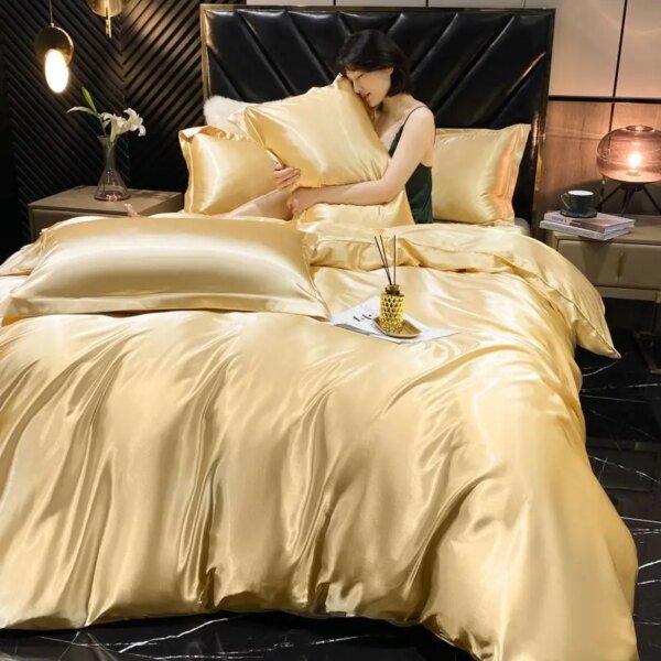 Juego de cama de seda y rayón liso con funda nórdica, sábanas y fundas de almohada de lujo, tamaño king, individual, doble, para parejas, funda de almohada de satén, sábanas. - Image 2