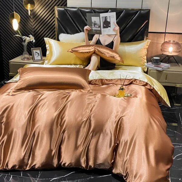 Juego de cama de seda y rayón liso con funda nórdica, sábanas y fundas de almohada de lujo, tamaño king, individual, doble, para parejas, funda de almohada de satén, sábanas.