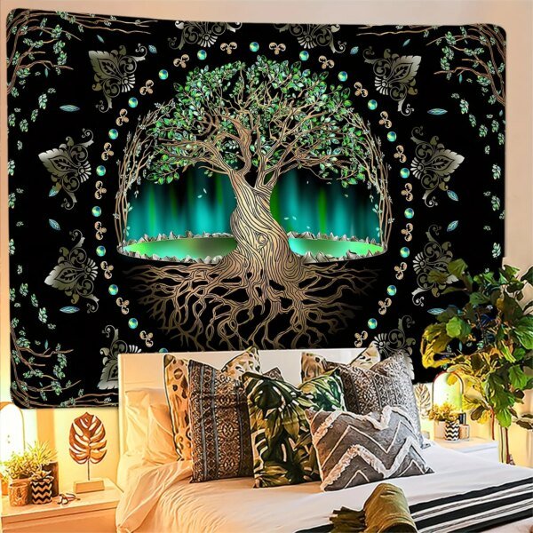 Tapiz de árbol de la vida de 75 x 58 cm, diseño de sol, luna, estrellas, galaxia, colorido, hippie, psicodélico, para dormitorio, decoración estética - Image 5
