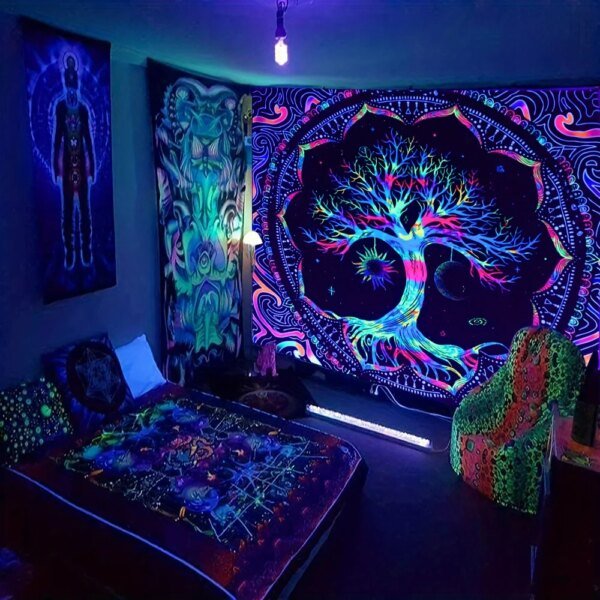 Tapiz de árbol de la vida de 75 x 58 cm, diseño de sol, luna, estrellas, galaxia, colorido, hippie, psicodélico, para dormitorio, decoración estética - Image 2