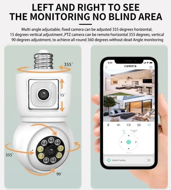 Cámara WiFi con bombilla E27 de 8 MP, lente dual 4K, pantalla dual, seguimiento automático, audio bidireccional, visión nocturna, CCTV, protección de seguridad ICSEE - Image 5
