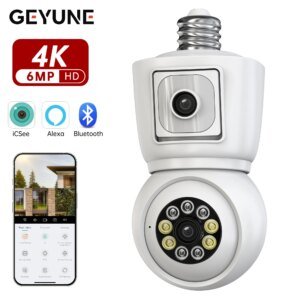Cámara WiFi con bombilla E27 de 8 MP, lente dual 4K, pantalla dual, seguimiento automático, audio bidireccional, visión nocturna, CCTV, protección de seguridad ICSEE