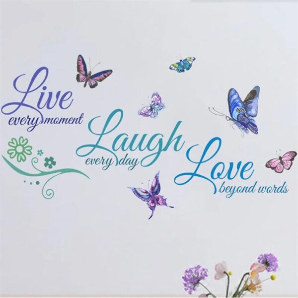 1 pieza de pegatinas de pared extraíbles coloridas con diseño de mariposa en inglés "LIVE LAUGH LOVE" para dormitorio, autoadhesivas, decoración del hogar, 30 x 60 cm