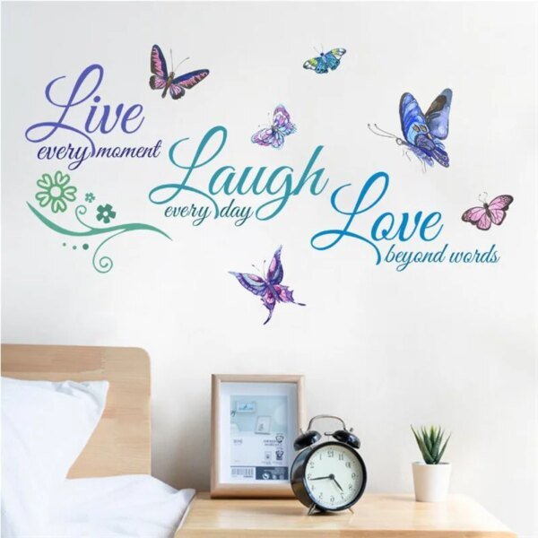 1 pieza de pegatinas de pared extraíbles coloridas con diseño de mariposa en inglés "LIVE LAUGH LOVE" para dormitorio, autoadhesivas, decoración del hogar, 30 x 60 cm - Image 2