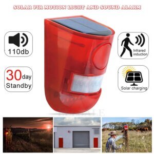 Alarma con sensor de movimiento infrarrojo solar y luz estroboscópica de sirena de 110 dB para el hogar, jardín, cochera, cobertizo, caravana, sistema de alarma de seguridad.