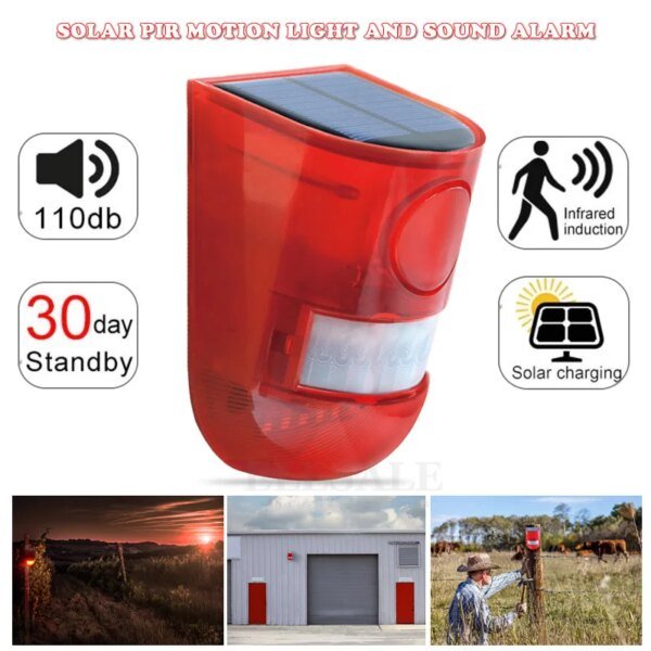Alarma con sensor de movimiento infrarrojo solar y luz estroboscópica de sirena de 110 dB para el hogar, jardín, cochera, cobertizo, caravana, sistema de alarma de seguridad.