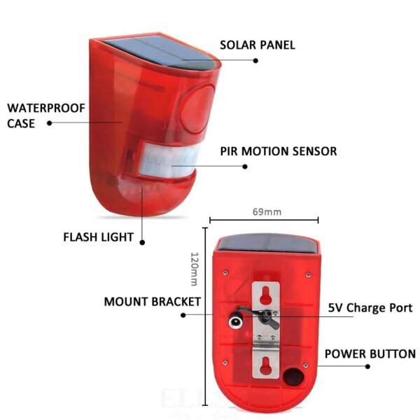 Alarma con sensor de movimiento infrarrojo solar y luz estroboscópica de sirena de 110 dB para el hogar, jardín, cochera, cobertizo, caravana, sistema de alarma de seguridad. - Image 2