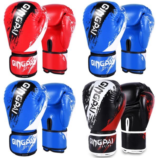 1 par de guantes de boxeo para adultos, para entrenamiento de boxeo, sparring, cómodos y ajustables, protectores de manos, color negro, rojo y azul. - Image 2
