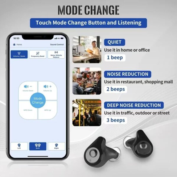 Aplicación de audífono intraauricular con Bluetooth para personas mayores, amplificador de sonido, audífono recargable para sordos, audífonos intraauriculares con colector - Image 5