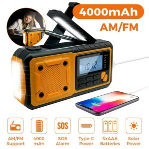 Radio portátil de emergencia con energía solar de 4000 mAh, carga manual con manivela, radio meteorológica AM/FM, linterna LED de lectura, cargador de teléfono