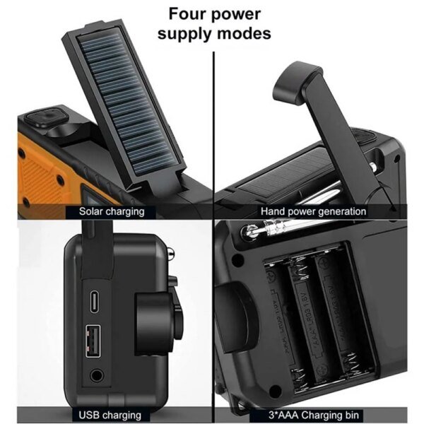 Radio portátil de emergencia con energía solar de 4000 mAh, carga manual con manivela, radio meteorológica AM/FM, linterna LED de lectura, cargador de teléfono - Image 4
