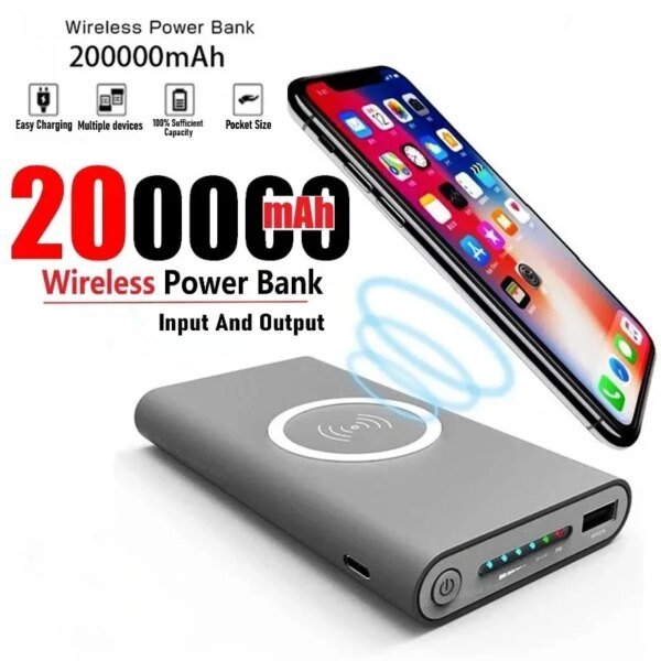 Banco de energía de 200.000 mAh, carga rápida inalámbrica bidireccional, cargador portátil tipo C, batería externa para Samsung, iPhone y Xiaomi.