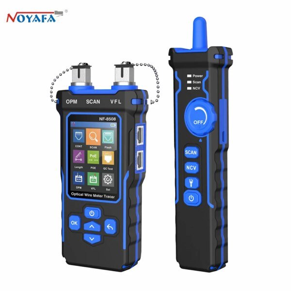 Probador de cables de red NOYAFA NF-8508, localizador de cables de red digital recargable con pantalla LCD, comprobador PoE y medidor de cables ópticos.