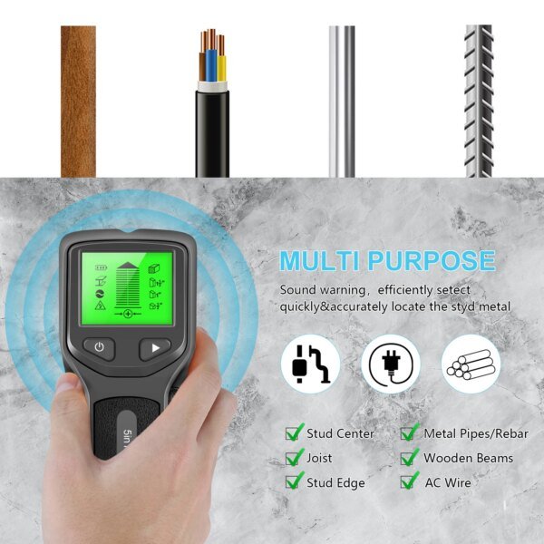 Detector de vigas electrónico 5 en 1, escáner de pared con pantalla LCD HD, detección de vigas metálicas de madera y cable de CA. - Image 5
