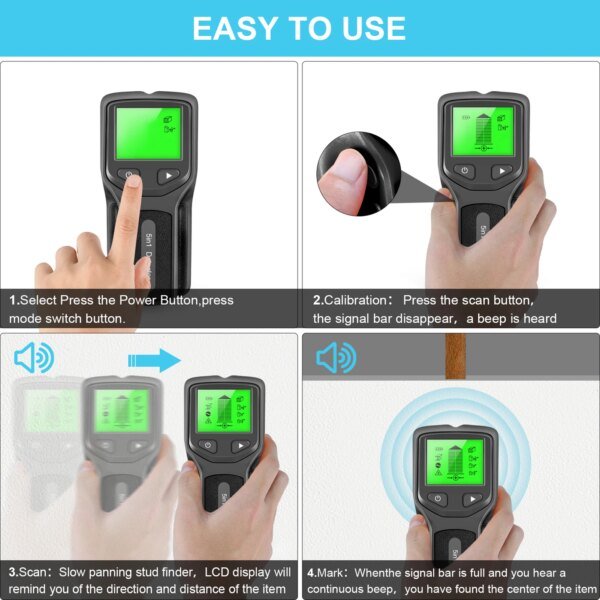 Detector de vigas electrónico 5 en 1, escáner de pared con pantalla LCD HD, detección de vigas metálicas de madera y cable de CA. - Image 4