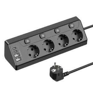 Regleta multicontacto de escritorio europea, 2 enchufes USB-A y 2 enchufes de esquina tipo C, cable alargador de 2 m, ideal para casa, oficina y cocina.