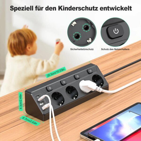 Regleta multicontacto de escritorio europea, 2 enchufes USB-A y 2 enchufes de esquina tipo C, cable alargador de 2 m, ideal para casa, oficina y cocina. - Image 4