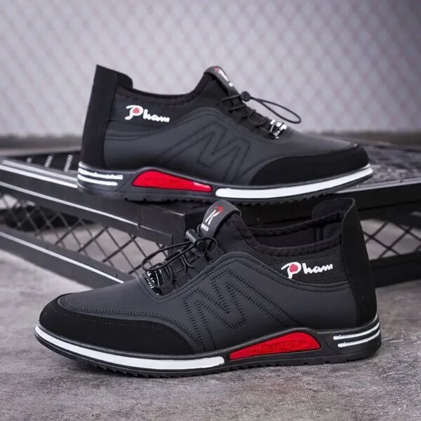 Zapatillas de correr de cuero transpirables a la moda para hombre, cómodas zapatillas deportivas informales para uso en el suelo de cemento de temporada de otoño - Image 4