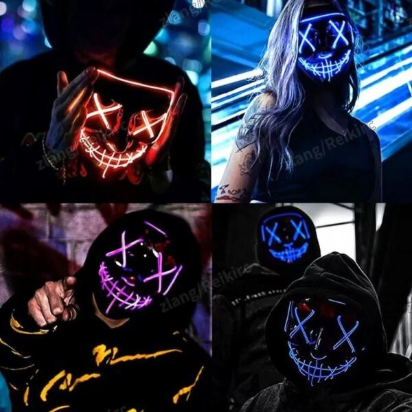 REikirc LED neón Cosplay máscaras máscara de Halloween disfraz fiesta de disfraces máscara de terror luz que brilla en la oscuridad máscara divertida - Image 4