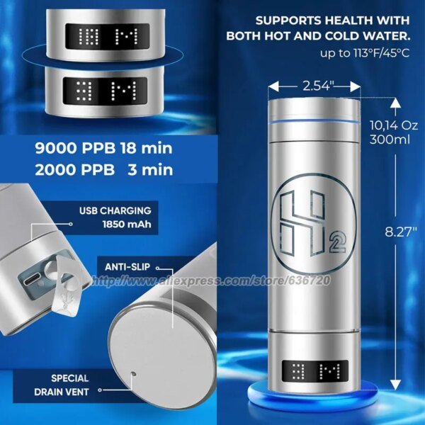 Generador portátil de botellas de agua de hidrógeno H2, ionizador de agua de botella de hidrógeno de hasta 9000 PPB con tecnología SPE/PEM - Image 2
