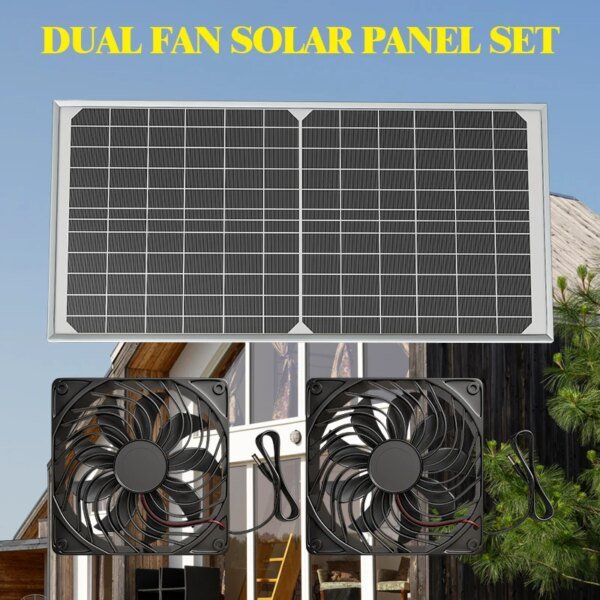 Juego de ventilador solar de 4 pulgadas y 12 V con paneles solares de doble ventilador, adecuado para ventilación y escape de casas y mascotas. - Image 2