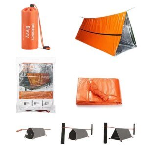 Kit de tienda de supervivencia Bivy para 2 personas, refugio de emergencia, tienda de campaña de tubo Mylar, saco de dormir impermeable para exteriores, manta térmica SOS reutilizable